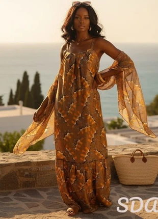 Chic robe longue en satin de soie avec son foulard motifs africains, brand: Africa, condizioni: Ottime, taglia: S / IT 40 / EU 36, €54.00, €57.40 include la Protezione acquisti Pro