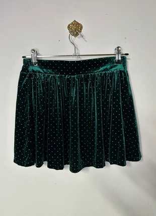 Minijupe en velours plissée verte et clous argenté taille 36 fairy whimsical, staat: Heel goed, maat: S / 36 / 8, € 10,00, € 11,20 inclusief Kopersbescherming Pro