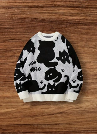Pull Vintage Y2K Motifs Chat Noir Blanc Taille M - Américain Old School USA 90s Streetwear, brand: Aesthetic, condition: Very good, size: M, €54.90, €58.35 includes Buyer Protection