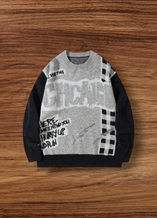 Pull Vintage Y2K Motifs Lettres Gris Noir Taille Xl - Américain Old School USA 90s Streetwear, brand: Aesthetic, condition: Very good, size: XL, €49.90, €53.10 includes Buyer Protection