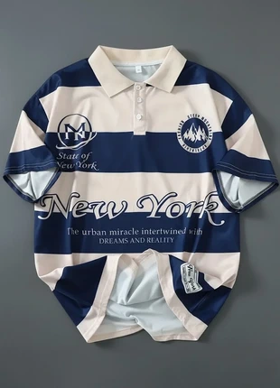 Polo style rugby pour hommes à rayures bleues et blanches avec imprimé, brand: Nwyk, condition: Very good, size: M, €29.90, €32.10 includes Buyer Protection