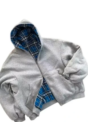Veste hoodie grise réversible tartan bleu Y2K unisexe full zip harajuku vintage 2000s taille S, marca: y2k, estado: Muito bom, tamanho: S, €49.00, €52.15 inclui Proteção do Comprador