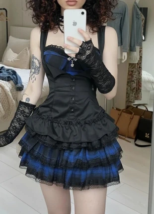 Jupe mini gothique femme noir & bleu à dentelle – Taille S, marque: Noctaé, état: Très bon état, taille: S / 36 / 8, 45,00 €, 47,95 € Protection acheteurs incluse