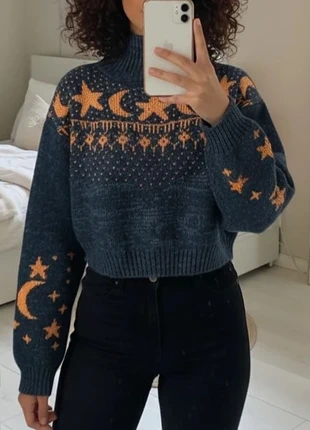 Pull jacquard bleu à motif lune & ciel étoilé – Taille S, brand: Elor, condition: Very good, size: S / 36 / 8, €49.00, €52.15 includes Buyer Protection