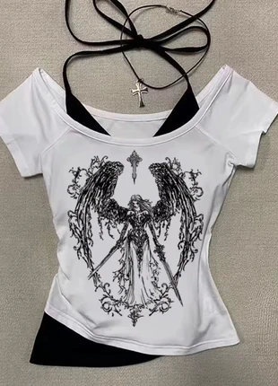 Top Bustier Gothique Y2K Rétro Imprimé Ange Guerrier Ailes | T. S Polyester Harajuku, marque: y2k, état: Neuf sans étiquette, taille: S / 36 / 8, 30,00 €, 32,20 € Protection acheteurs incluse