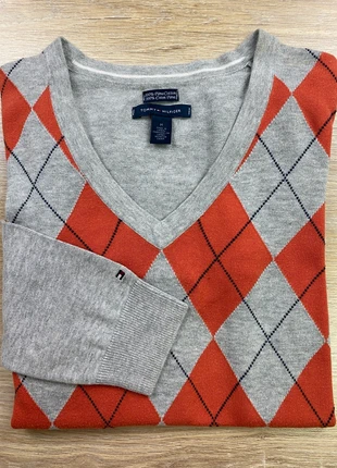 Pull col V losanges croisés femme | Taille M | Tommy Hilfiger | Gris / Orange / Bleu marine |#PU71, brand: Tommy Hilfiger, condition: Very good, size: M / 38 / 10, €13.00, €14.35 includes Buyer Protection