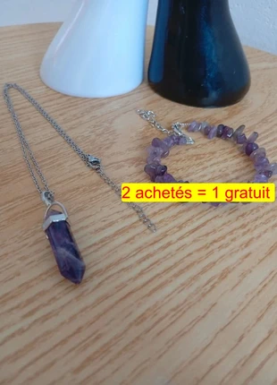 Améthyste - Ensemble collier en pierre naturelle améthyste et bracelet ajustable, état: Très bon état, 32,00 €, 34,30 € Protection acheteurs (Pro) incluse