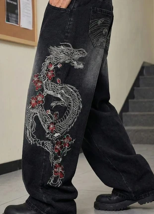 Jean noir baggy brodé dragon japonais – Streetwear Y2K unisexe, marque: y2k, état: Très bon état, taille: M, 54,90 €, 58,35 € Protection acheteurs incluse
