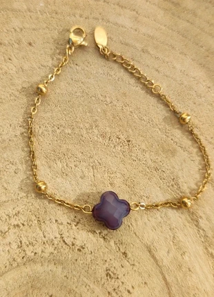 Bracelet doré fin à chaîne à boules et pendentif trèfle à facettes violet - Acier inoxydable, marca: ZAG, estado: Muy bueno, 9,50 €, 10,68 € Protección al comprador Pro incluida
