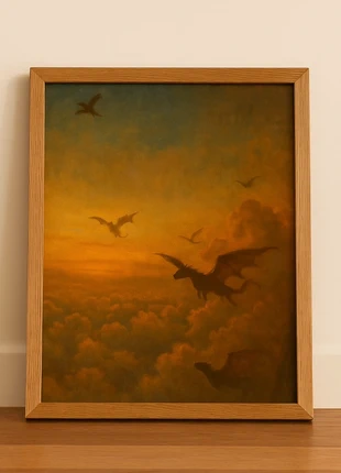 Fantasy Wall Art - Dragon Sunset Print - Whimsical Decor, brand: lightuptheknight, condition: New with tags, £6.00, £7.00 includes Buyer Protection