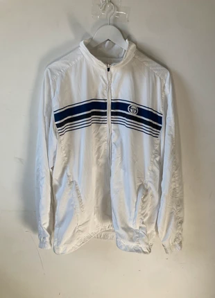 Veste vintage Sergio Tacchini blanche à rayures bleues – style rétro tennis, merk: Sergio Tacchini, staat: Nieuw zonder prijskaartje, maat: L, € 25,00, € 26,95 inclusief Kopersbescherming