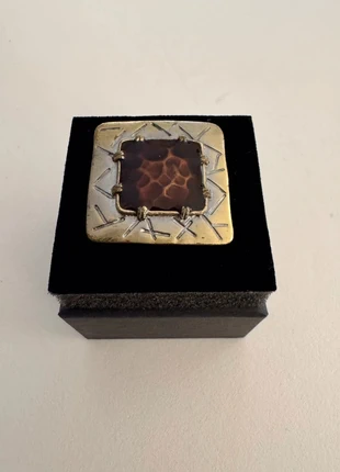 🔥 Bague carrée rétro – métal bicolore & pierre effet écaille, estado: Muy bueno, tamaño: Ajustable, 11,50 €, 12,78 € Protección al comprador incluida