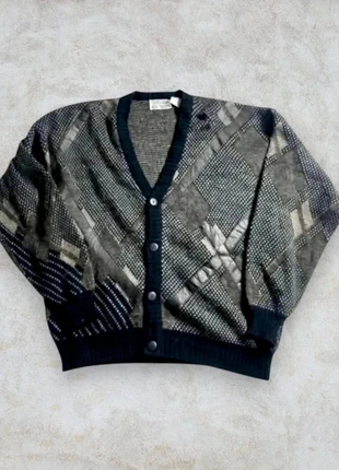 Vintage Korean Patterned Cardigan Grey Black Abstract Knit L, merk: Vintage Dressing, staat: Heel goed, maat: L, € 31,90, € 34,20 inclusief Kopersbescherming Pro