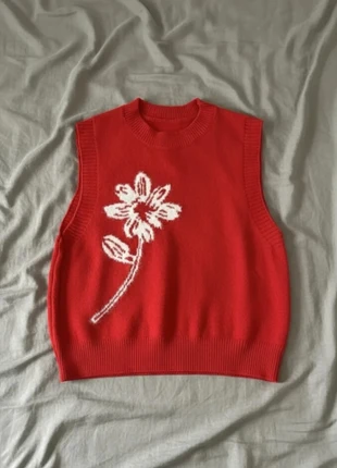 Pull Sans Manches Rouge à Fleur Blanche Style Vintage Doux Automne Hiver, marca: Elandra, estado: Muito bom, tamanho: S / 36 / 8, €34.99, €37.44 inclui Proteção do Comprador