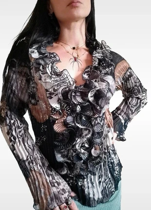 Chemise vintage transparente col froufrou marron blanc noir plissée y2k grunge chic style, marque: Vintage Dressing, état: Très bon état, taille: S / 36 / 8, 15,00 €, 16,45 € Protection acheteurs incluse