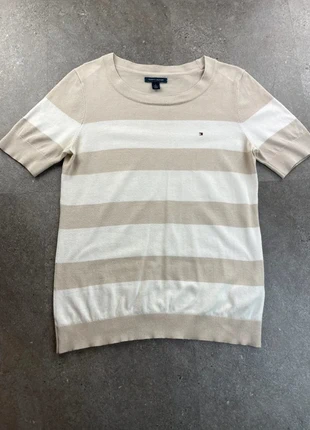 Sweat | pull fin col rond manche courte marinière beige/blanc tommy Hilfiger taille M logo brodé, marque: Tommy Hilfiger, état: Très bon état, taille: M / 38 / 10, 20,00 €, 21,70 € Protection acheteurs incluse