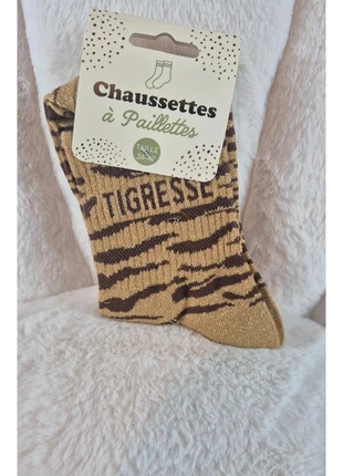 Chaussettes à paillettes - Tigresse, merk: chaussettes à paillettes, staat: Nieuw met prijskaartje, maat: Universeel, € 5,00, € 5,95 inclusief Kopersbescherming Pro