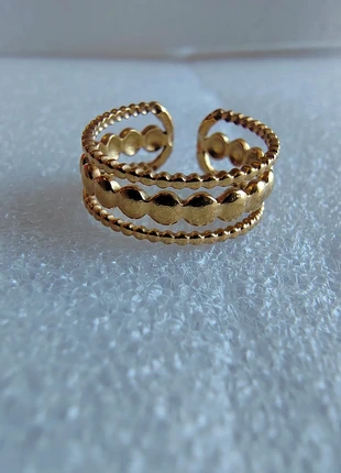 💍 Bague Dorée Acier Inoxydable – Triple Bande : Perles, Ovales & Torsades, état: Neuf sans étiquette, taille: Ajustable, 4,90 €, 5,85 € Protection acheteurs incluse