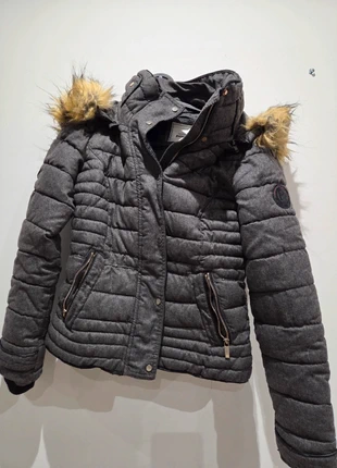 Veste chaude Pimkie gris chiné – capuche et fausse fourrure amovibles – Taille XS, marque: Pimkie, état: Très bon état, taille: XS / 34 / 6, 5,00 €, 5,95 € Protection acheteurs incluse