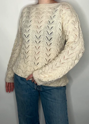 1970s beige wool scandi streetwear Stockholm western bohemian cottagecore country ajourknit sweater, merk: Vintage, staat: Heel goed, maat: L / 40 / 12, € 25,00, € 26,95 inclusief Kopersbescherming Pro