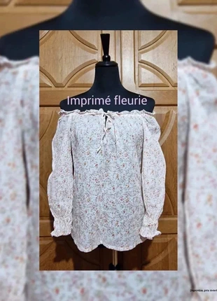 Blouse blanche Camaïeu 40 coton fleuri épaules dénudées manches longues bohème romantique, marque: Camaïeu, état: Neuf sans étiquette, taille: L / 40 / 12, 10,00 €, 11,20 € Protection acheteurs incluse