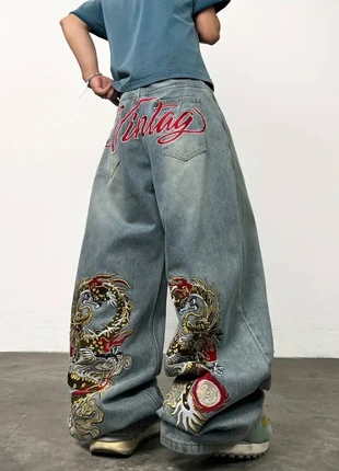 Jean large brodé dragon homme M – baggy vintage streetwear, pantalon wide leg denim bleu, marca: y2k, estado: Muy bueno, tamaño: M, 55,00 €, 58,45 € Protección al comprador Pro incluida