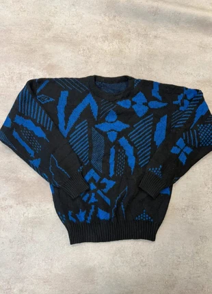 Pull vintage années 80/90 – Motif abstrait bleu & noir – Style rétro unisexe, brand: Vintage Dressing, condition: Very good, size: M, €30.00, €32.20 includes Buyer Protection