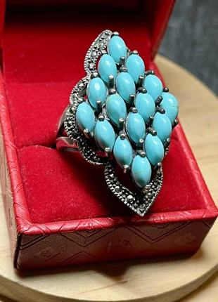Massive Vintage 925 Silver Turquoise & Marcasite Statement Heavy Ring – Size 59 (18.8mm), Hallmarked, brand: Argent, condition: Good, size: 19 mm Ø, €80.00, €84.70 includes Buyer Protection