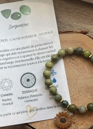 Bracelet en pierre naturelle Serpentine avec pendentif tournesol, brand: lithoterapie, condition: Very good, €8.90, €10.05 includes Buyer Protection