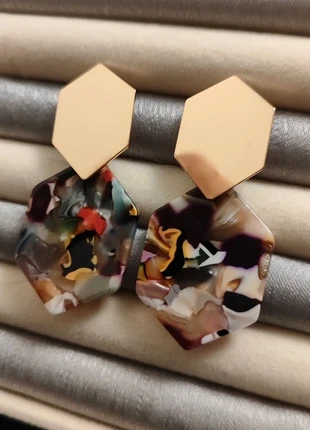 Ultimate Statement Abstract Hexagon Drop Earrings | Gold Geometric & Resin Tortoiseshell, brand: Oliver Bonas, condition: Very good, £8.20, £9.31 includes Buyer Protection