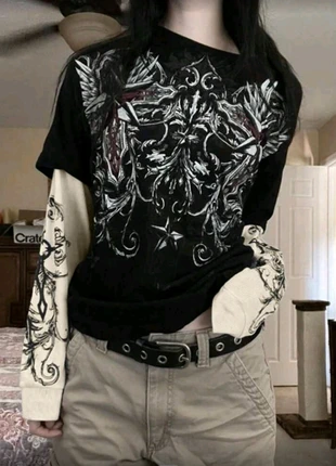 T-shirt style Y2K manches longues effet 2 en 1 motif gothique, marca: tendance chic vintage, estado: Novo sem etiquetas, tamanho: S / 36 / 8, €25.99, €27.99 inclui Proteção do Comprador