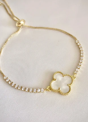 Bracelet coulissant trèfle | acier inoxydable doré et zircons blanc | bijoux iconiques femmes, brand: Inconnu, condition: New without tags, €9.90, €11.10 includes Buyer Protection