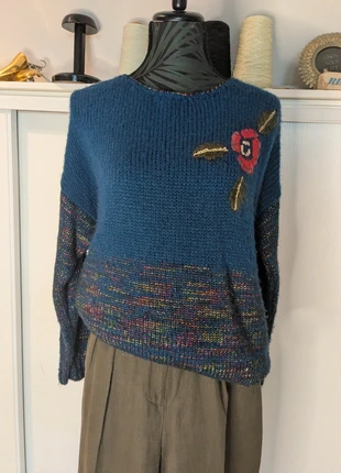 pull vintage oversize bleu chiné fleur relief t42 44, staat: Heel goed, maat: XL / 42 / 14, € 12,00, € 13,30 inclusief Kopersbescherming