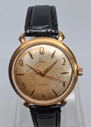 Montre vintage net mécanique dorée bracelet cuir, merk: Net, staat: Heel goed, maat: 30–38 mm, € 30,00, € 32,20 inclusief Kopersbescherming Pro