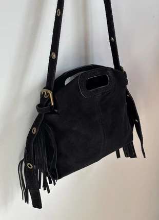 Sac en cuir suède noir à franges et bandoulières– Made in Italy, brand: The Genuine Leather, condition: Very good, €50.00, €53.20 includes Buyer Protection Pro