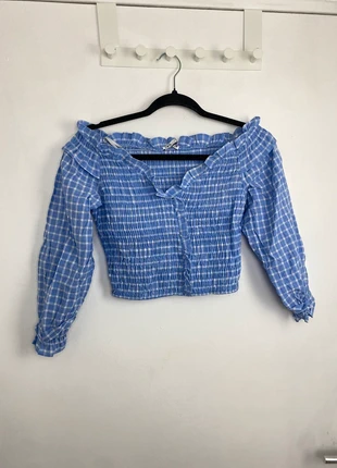 Blouse à carreaux bleus à épaules dégagées – ZARA, marke: Zara, zustand: Sehr gut, größe: S / 36 / 8, 9,00 €, 10,15 € inklusive Vinted-Käuferschutz