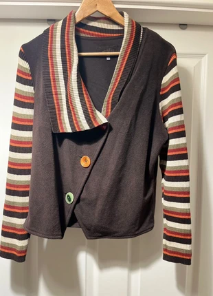 Brown Retro Knit Panel Cardigan / 00s Indie Striped Button Jacket, brand: Per Una, condition: Very good, size: L / UK 16-18, £18.00, £19.60 includes Buyer Protection
