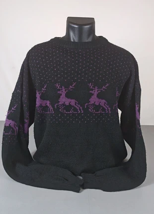 Pull de Noël 90's col rond noir rennes violets polyamide taille xl, marke: Vintage Dressing, zustand: Sehr gut, größe: XL, 13,00 €, 14,35 € inklusive Vinted-Käuferschutz