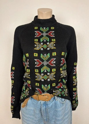 Vintage Wool Sweater Black Colorful Geometric Knit Size S, brand: Vintage Dressing, condition: Very good, size: S / 36 / 8, €19.95, €21.65 includes Buyer Protection