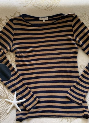 🤎 Camiseta Massimo Dutti rayas beige y azul marino talla 36 algodón y lino con coderas de ante, marca: Massimo Dutti, estado: Nuevo sin etiquetas, tamaño: S / 36 / 8, 17,00 €, 18,55 € Protección al comprador incluida