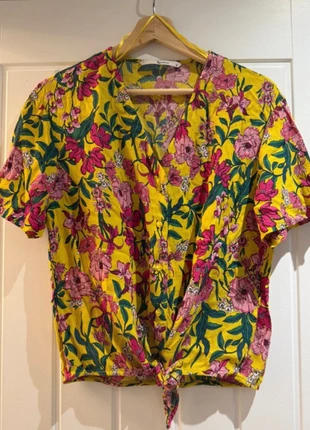 Mustard yellow top with hot pink flowers - bow tie style, size 10, brand: TU, condition: Very good, size: S / UK 8-10, £2.00, £2.80 includes Buyer Protection
