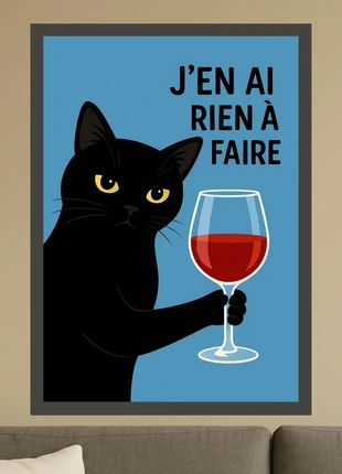 Affiche illustration « J'en ai rien à faire – Chat noir », état: Neuf sans étiquette, 6,00 €, 7,00 € Protection acheteurs (Pro) incluse