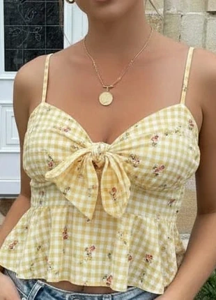 Haut bustier à carreaux jaune avec nœud devant, marke: sunberry, zustand: Sehr gut, größe: S / 36 / 8, 27,90 €, 30,00 € inklusive Vinted-Käuferschutz