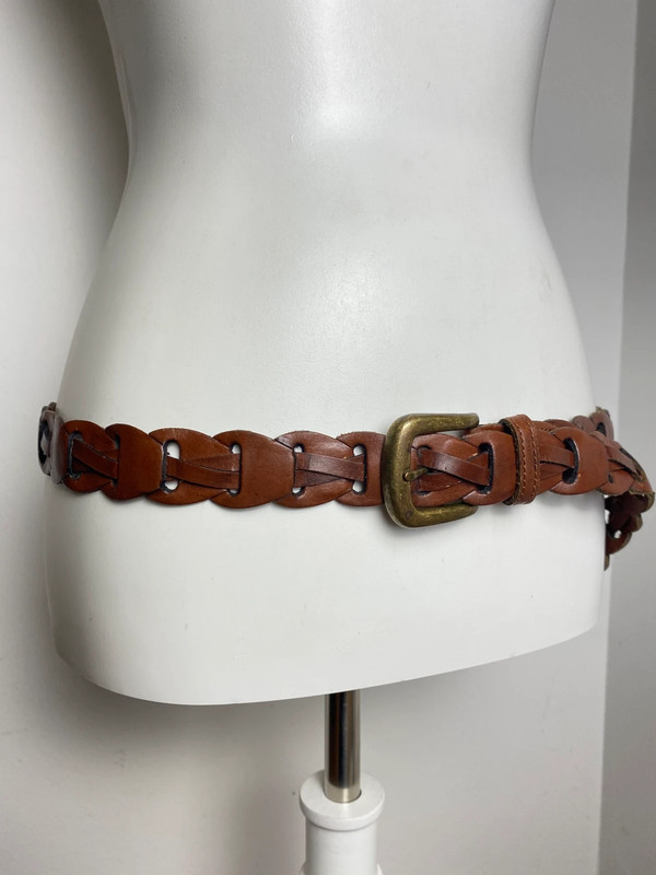 Cintura in Pelle Vintage Marrone con Intreccio e Fibbia in Ottone