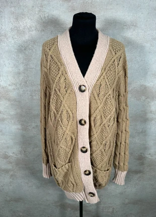 Cardigan Maille Torsadée Cable Knit Vintage Lily beige clair bord rose boutons taille XL, brand: Vintage Dressing, condition: Very good, size: XL / 42 / 14, €15.00, €16.45 includes Buyer Protection Pro