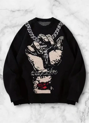 Pull noir graphique chaîne main, sweater homme M, pull motif streetwear dark aesthetic, marque: y2k, état: Très bon état, taille: M, 40,00 €, 42,70 € Protection acheteurs (Pro) incluse
