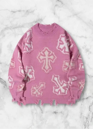 Pull rose motif croix effet usé destroyed taille M style streetwear oversize Y2K vintage, brand: y2k, condition: Very good, size: M, €35.00, €37.45 includes Buyer Protection Pro