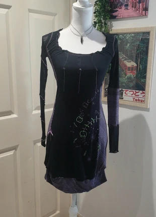 Robe mini vintage y2k ghotic manche longue noir à imprimés violet, brand: Vintage Dressing, condition: Very good, size: M / 38 / 10, €12.00, €13.30 includes Buyer Protection