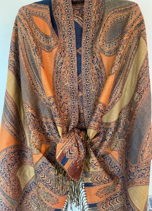 Écharpe style cachemire/paisley bleu & bronze – 180 × 68 cm – écharpe élégante, condition: Very good, €10.00, €11.20 includes Buyer Protection