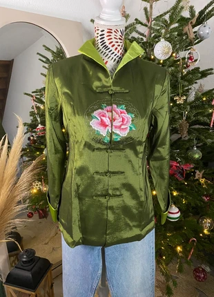 Haut Satiné Vert Kaki - Taille M - Broderie Pivoine - Col Mandarine, état: Très bon état, taille: M / 38 / 10, 14,00 €, 15,40 € Protection acheteurs incluse